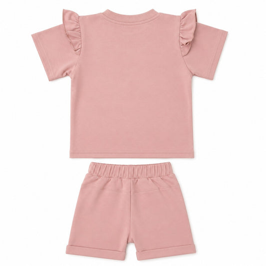 Daddy's Mini girls ruffle tee and shorts set in dusty pink, 2T to 3T