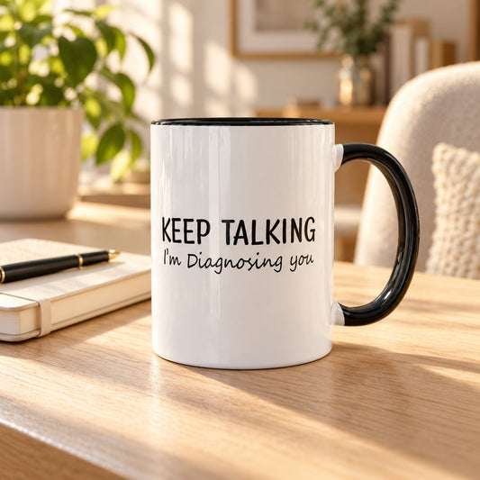 Funny therapist gift mug, white with black rim and handle