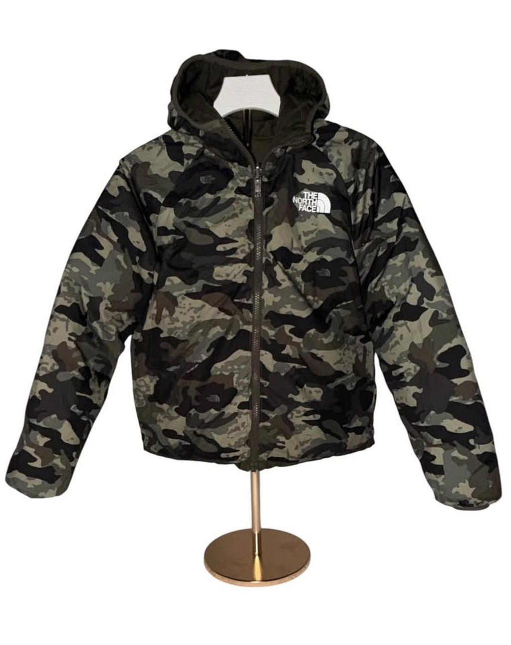 The North Face Boys Hooded Puffer Jacket Olive Green Camo Lining Size M