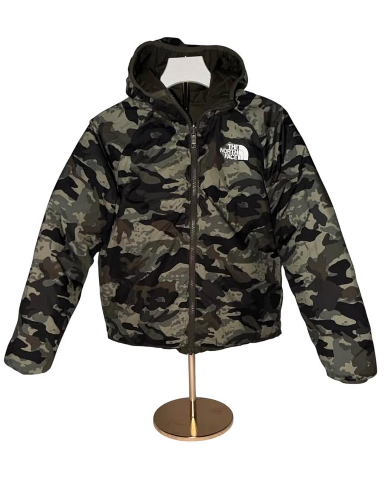 The North Face Boys Hooded Puffer Jacket Olive Green Camo Lining Size M