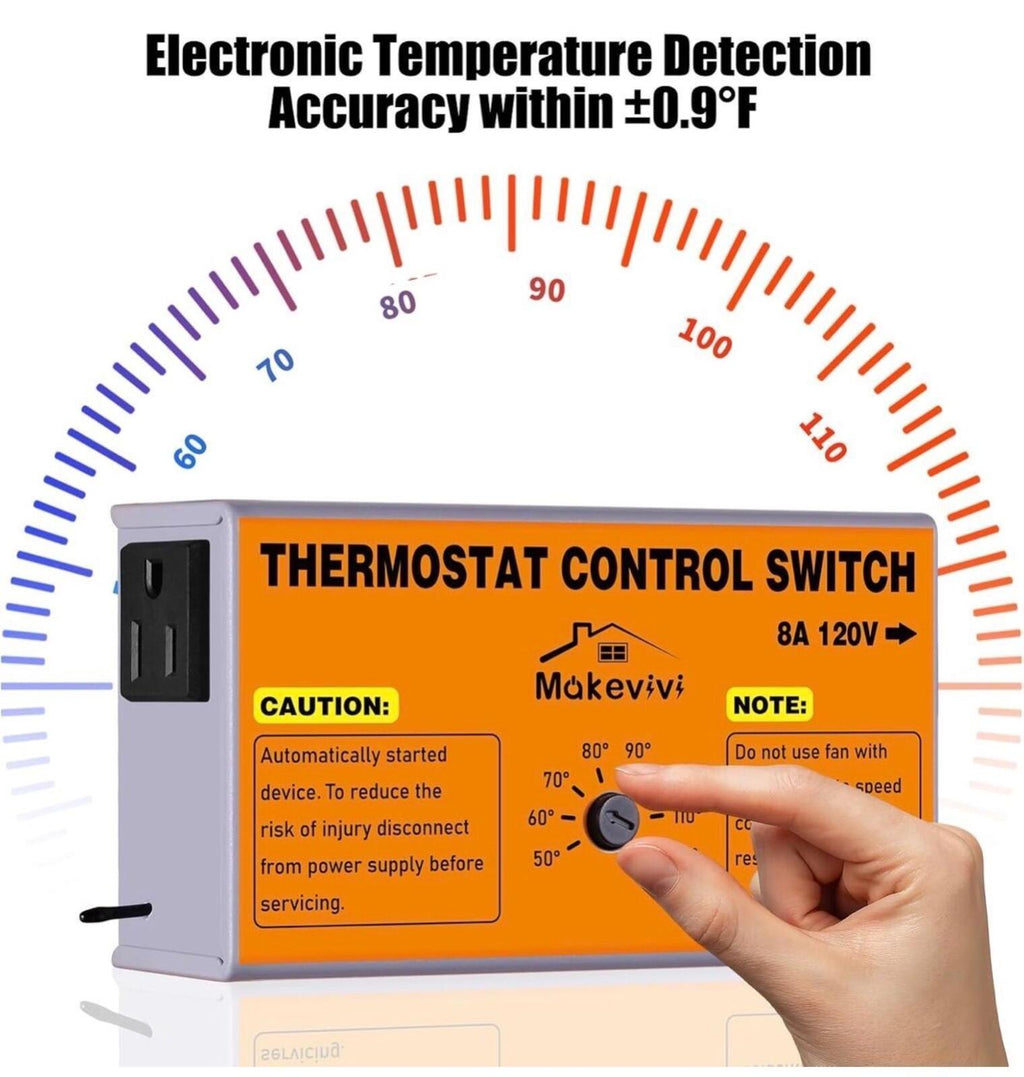 Attic Fan Thermostat Control 120V Adjustable Temp with Plug In Socket