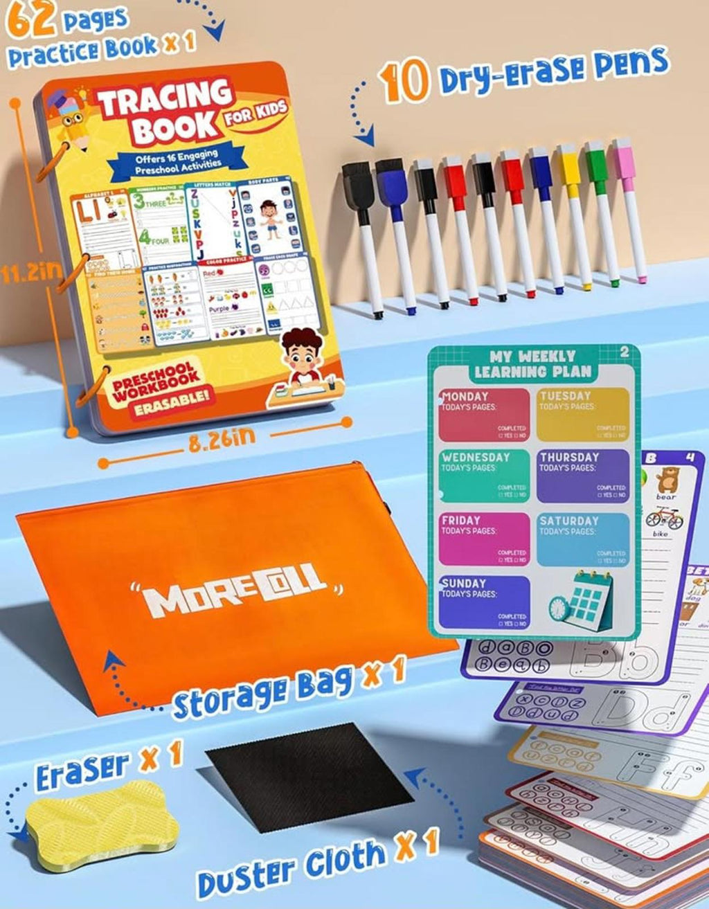 Kids Trace & Erase Learning Book — 62 Pg, Alphabet + Numbers + Shapes, Reusable