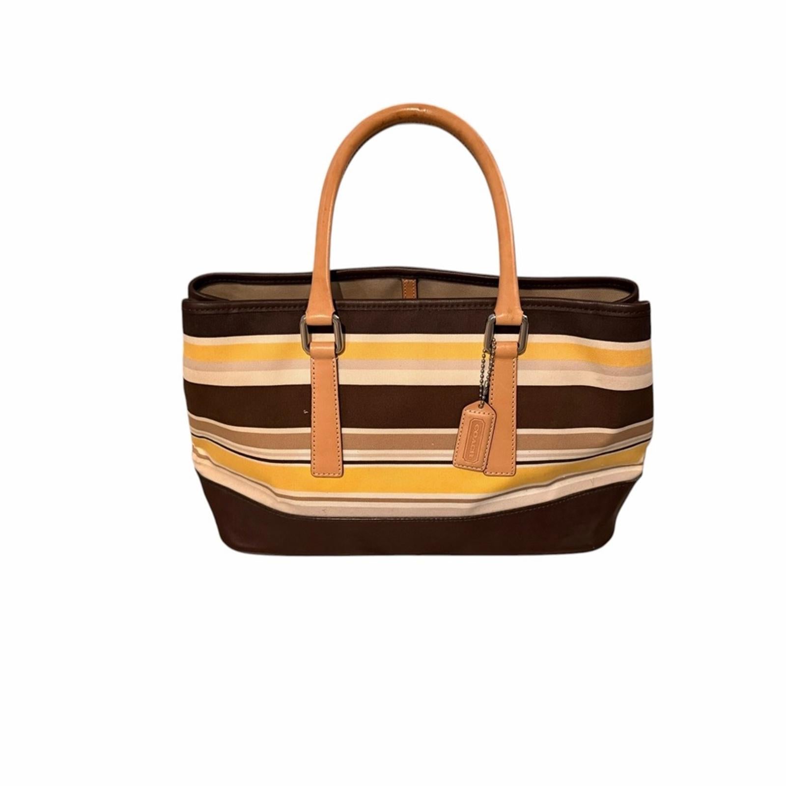 Coach Striped Tote Bag Brown Tan Yellow Leather Trim Signature Canvas Handbag