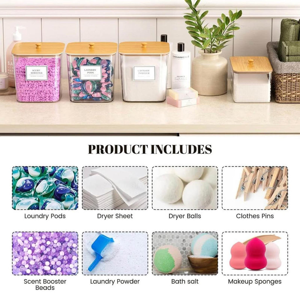 4-Piece Clear Laundry Storage Set — Containers + Dryer Sheet Holder + Labels