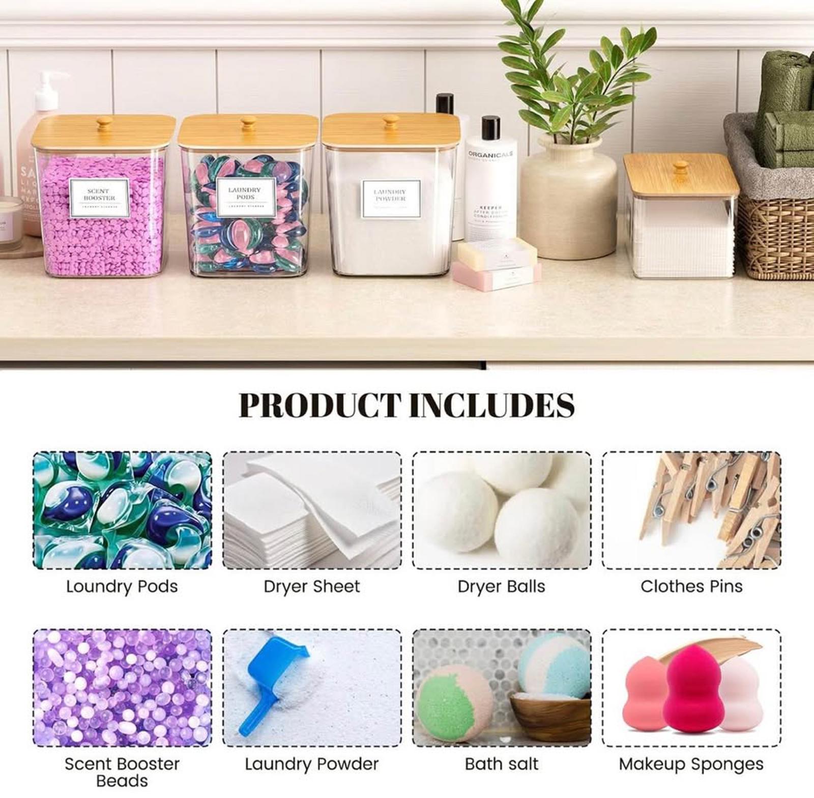 4-Piece Clear Laundry Storage Set — Containers + Dryer Sheet Holder + Labels