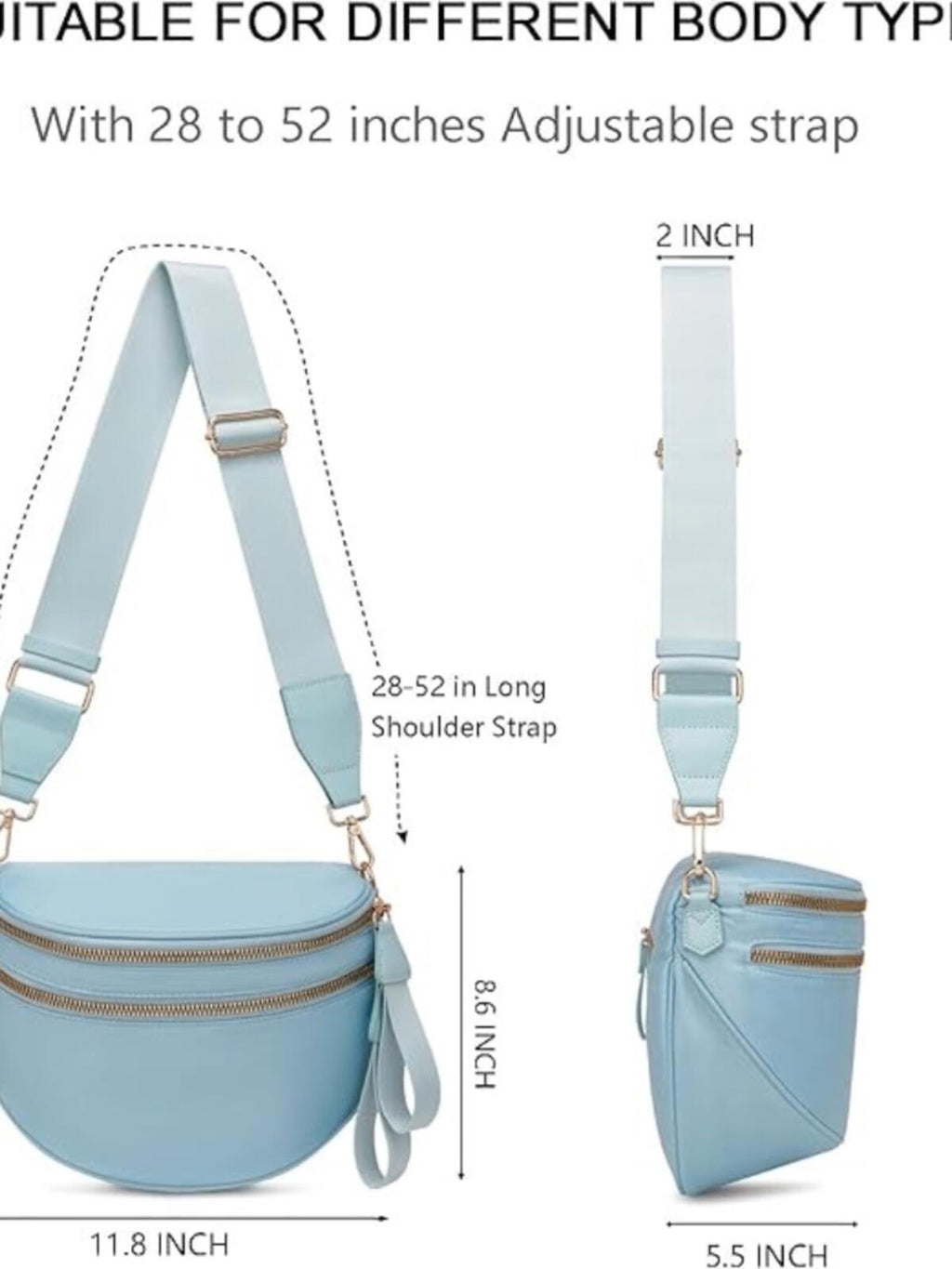 Sky Blue Bum Bag Crossbody for Women — Double Zip Adjustable Strap