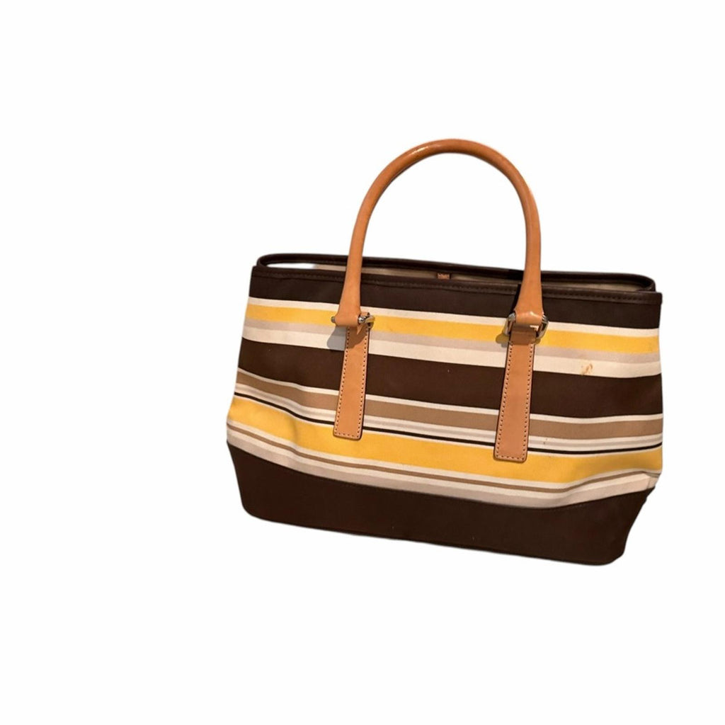 Coach Striped Tote Bag Brown Tan Yellow Leather Trim Signature Canvas Handbag