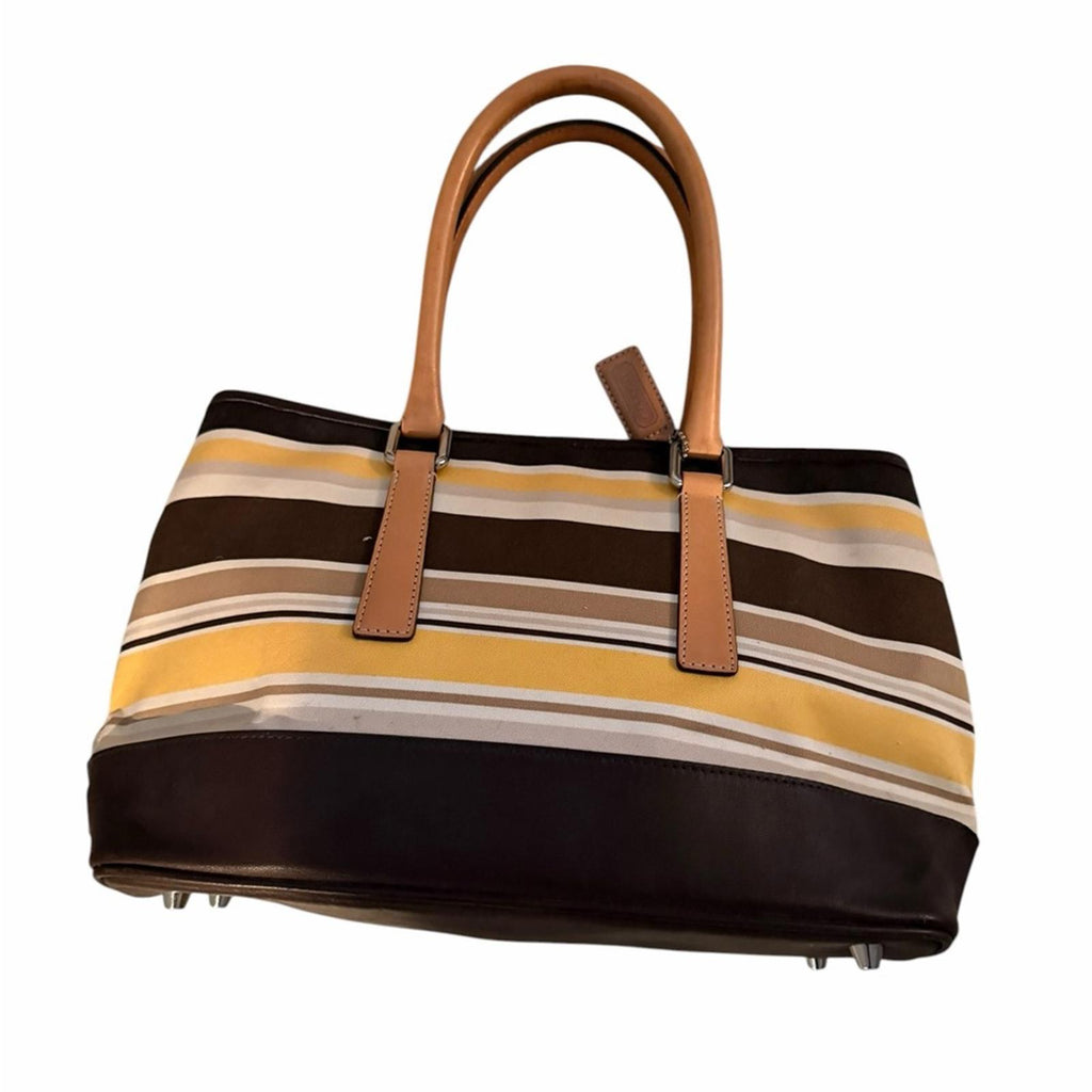 Coach Striped Tote Bag Brown Tan Yellow Leather Trim Signature Canvas Handbag