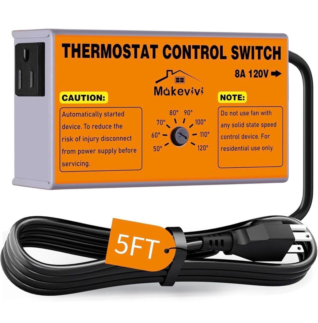 Attic Fan Thermostat Control 120V Adjustable Temp with Plug In Socket