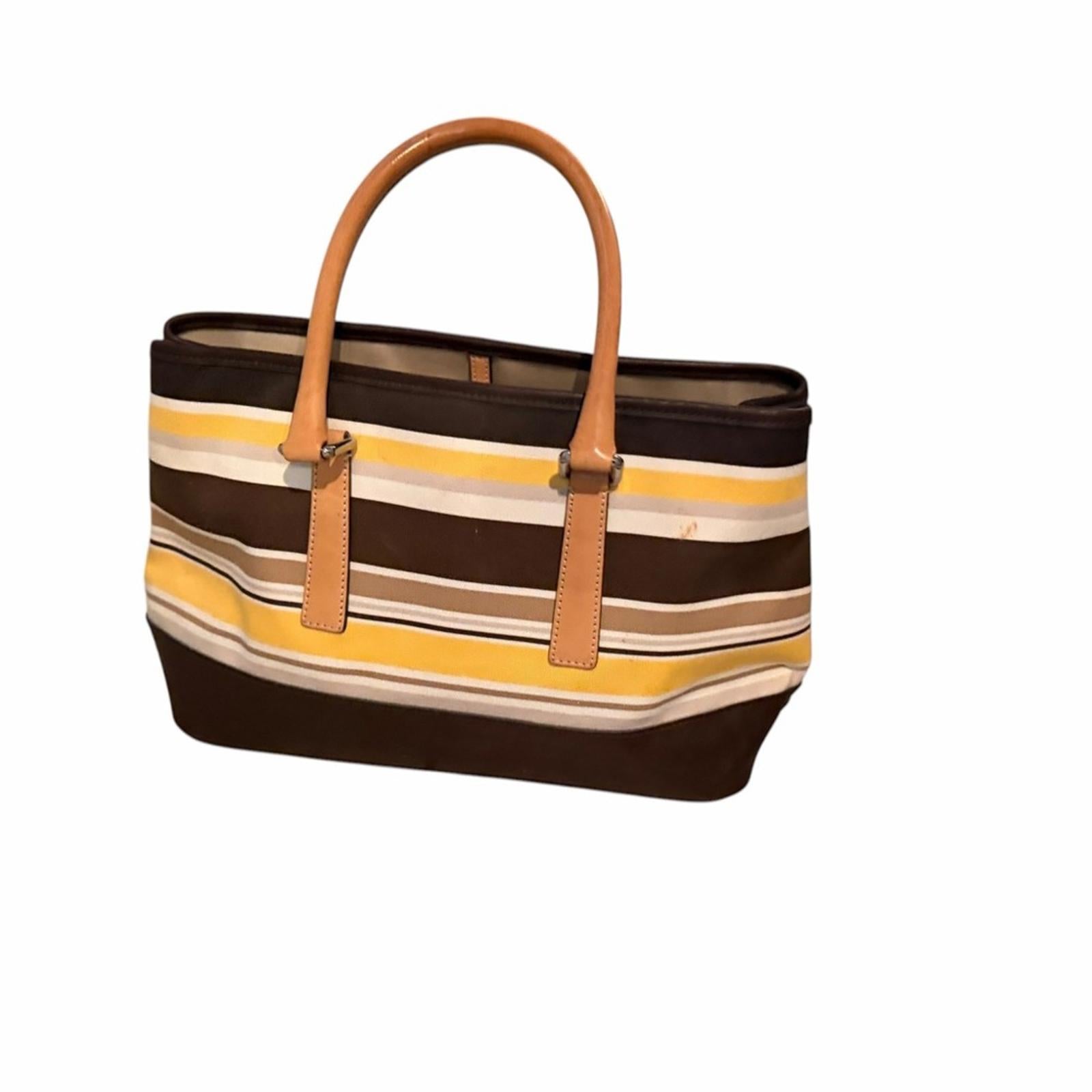 Coach Striped Tote Bag Brown Tan Yellow Leather Trim Signature Canvas Handbag