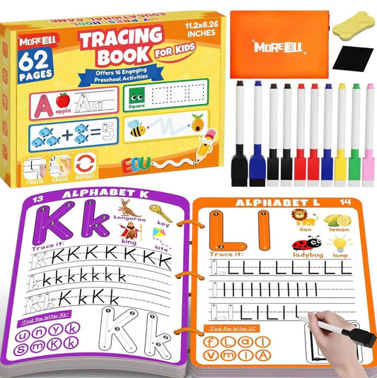 Kids trace and erase reusable learning book, 62 pages