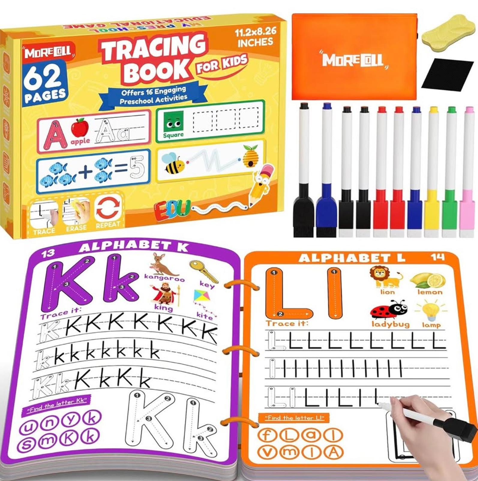 Kids Trace & Erase Learning Book – 62 Pages | Alphabet, Numbers & Shapes