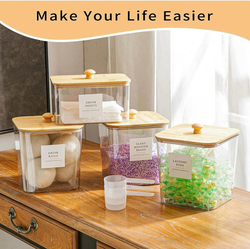 4-Piece Clear Laundry Storage Set — Containers + Dryer Sheet Holder + Labels