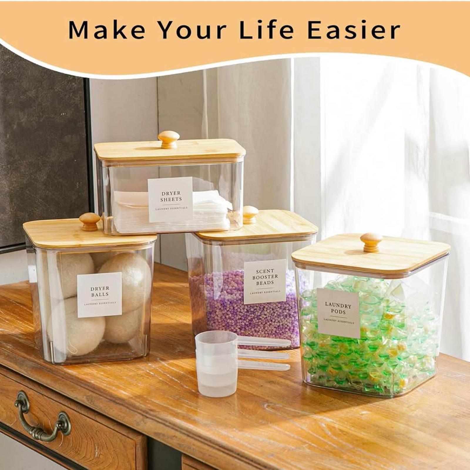 4-Piece Clear Laundry Storage Set — Containers + Dryer Sheet Holder + Labels