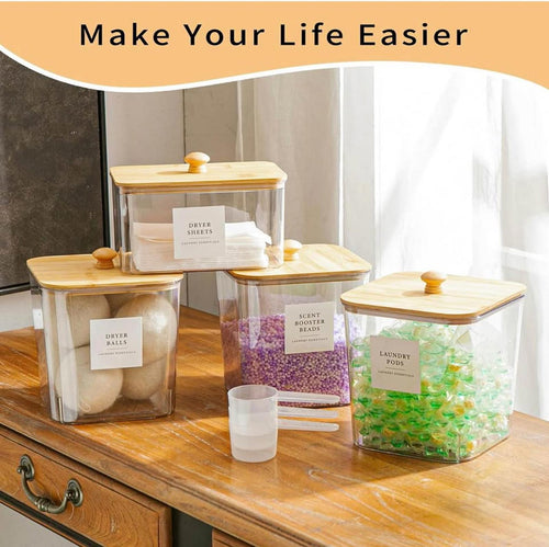 4-Piece Clear Laundry Storage Set — Containers + Dryer Sheet Holder + Labels