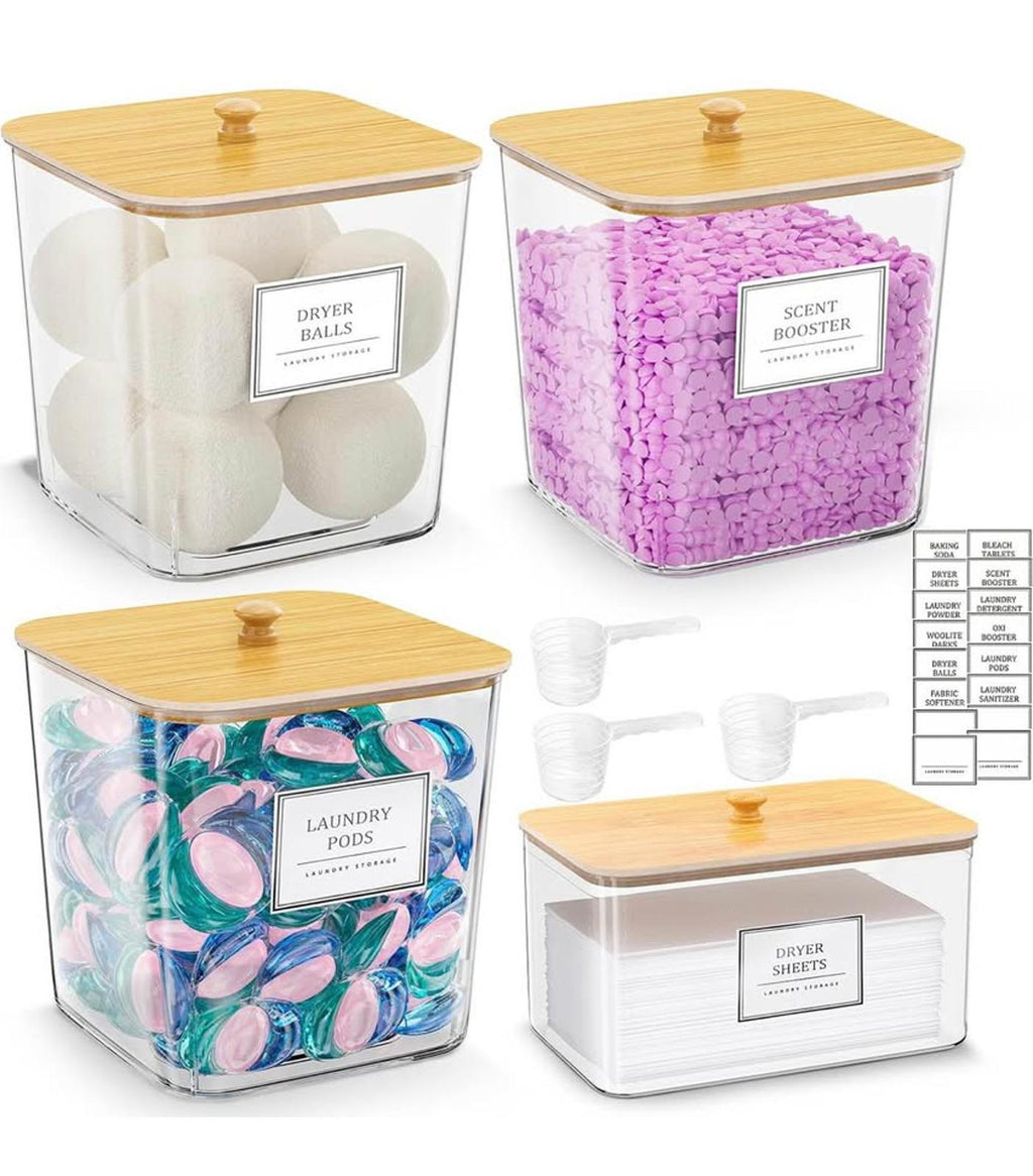 4-Piece Clear Laundry Storage Set — Containers + Dryer Sheet Holder + Labels