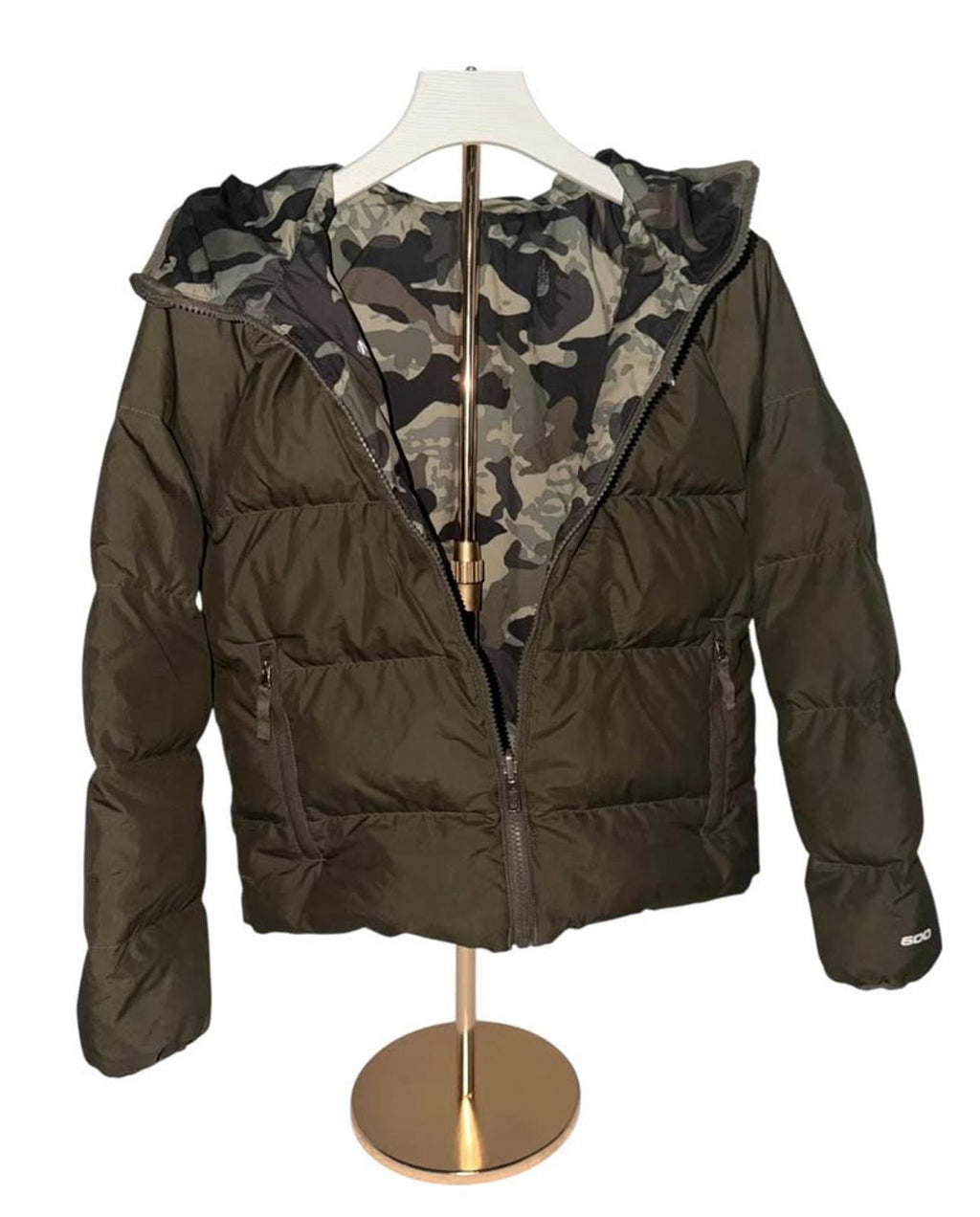 The North Face Boys Hooded Puffer Jacket Olive Green Camo Lining Size M