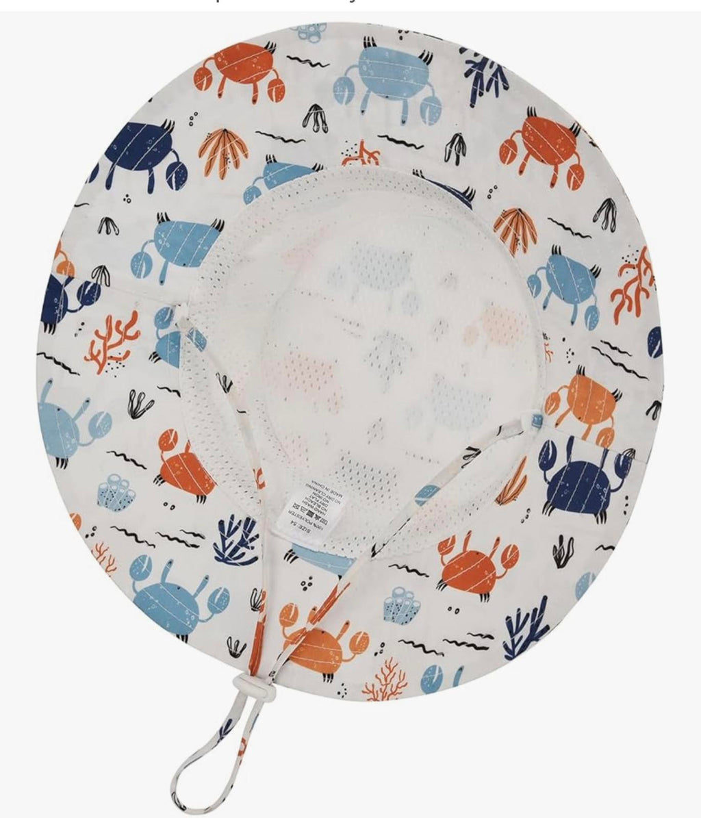 Kids Bucket Hat with Crab Print Adjustable Chin Strap White|Blue|Orange