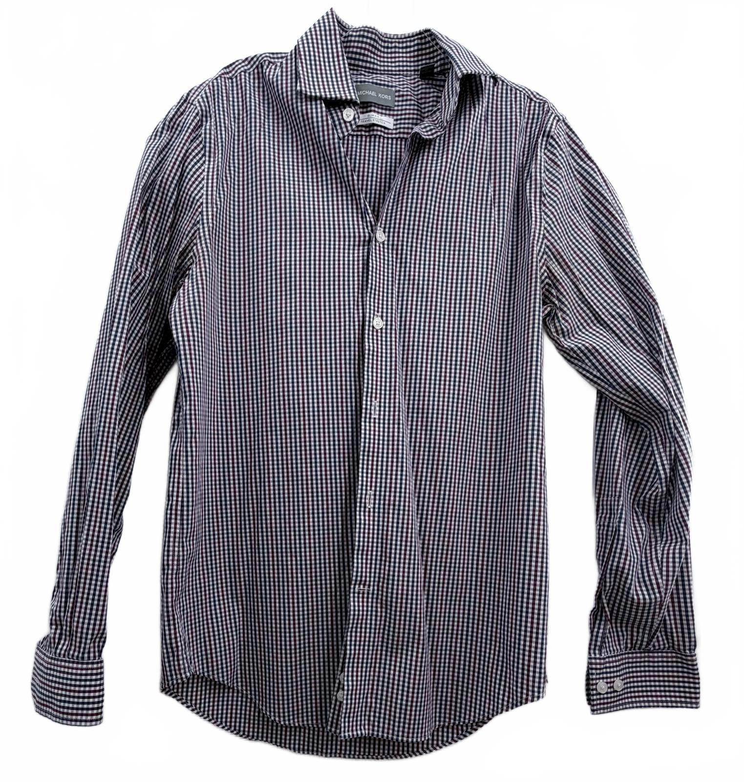 Michael Kors Mens Slim Fit Travel Stretch Gingham Shirt Burgundy
