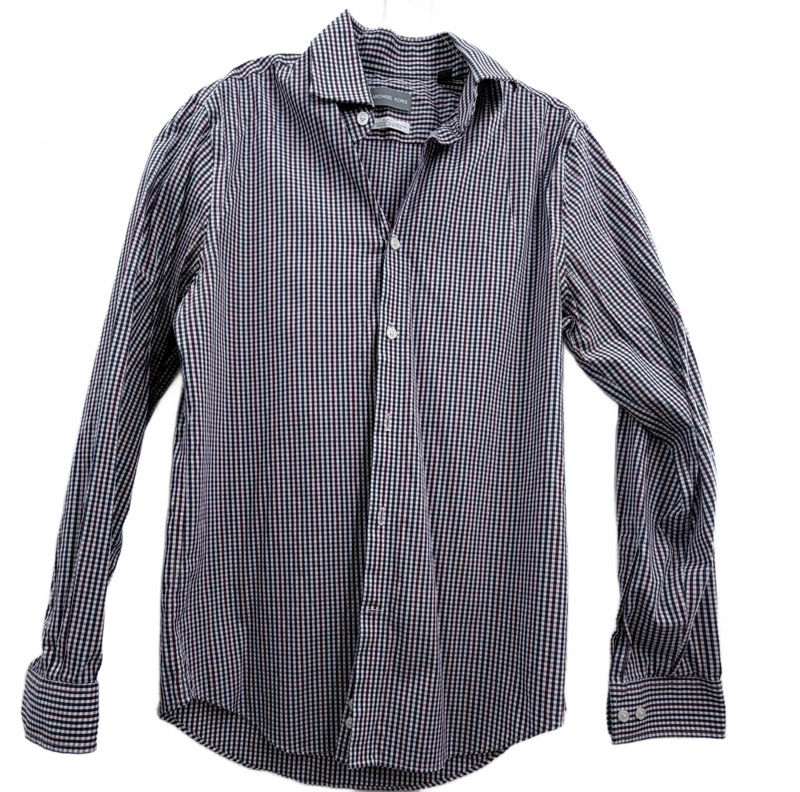 Michael Kors Mens Slim Fit Travel Stretch Gingham Shirt Burgundy