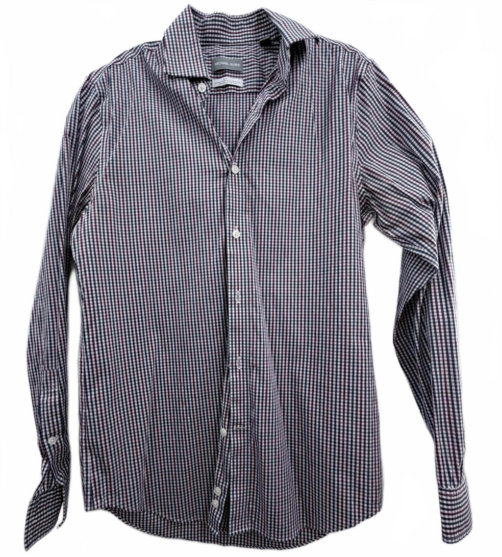 Michael Kors Mens Slim Fit Travel Stretch Gingham Shirt Burgundy