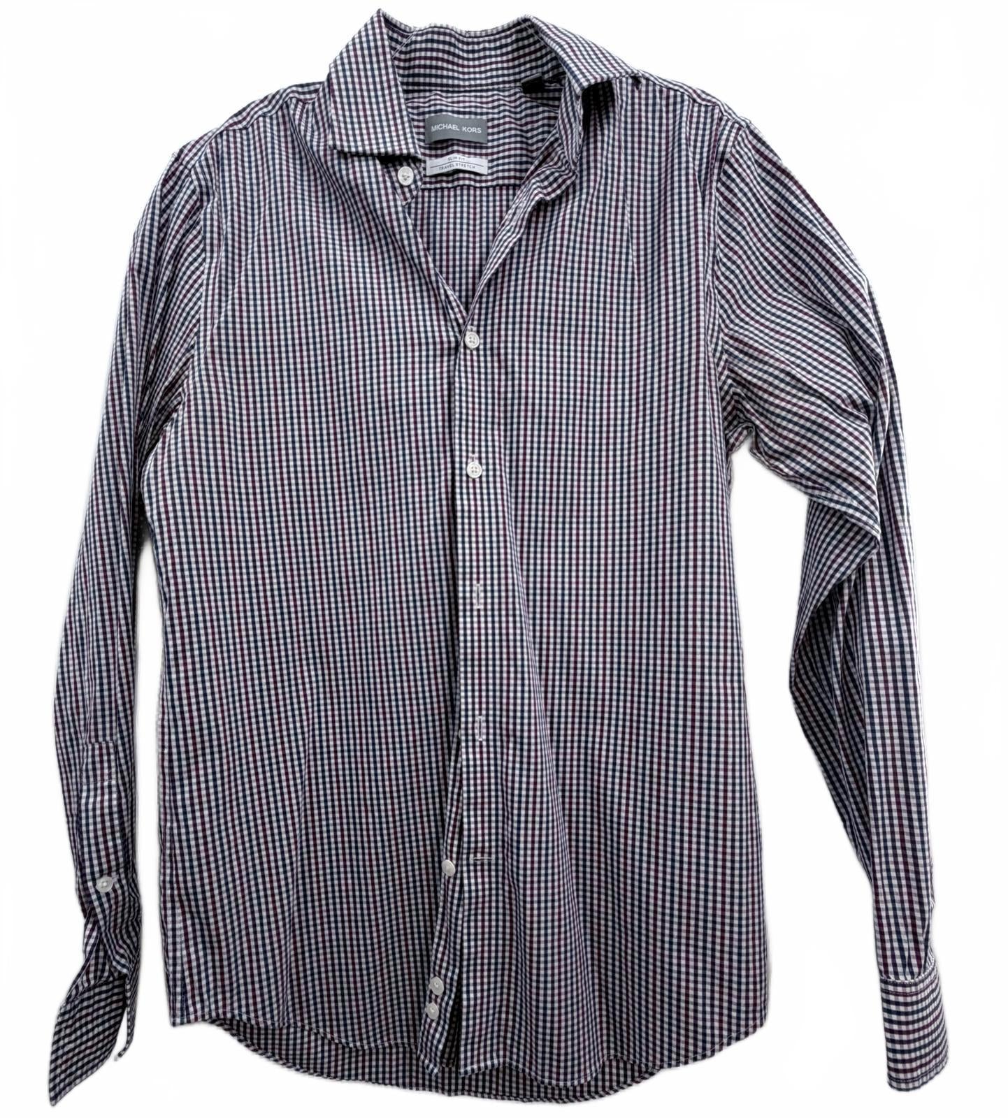 Michael Kors Mens Slim Fit Travel Stretch Gingham Shirt Burgundy