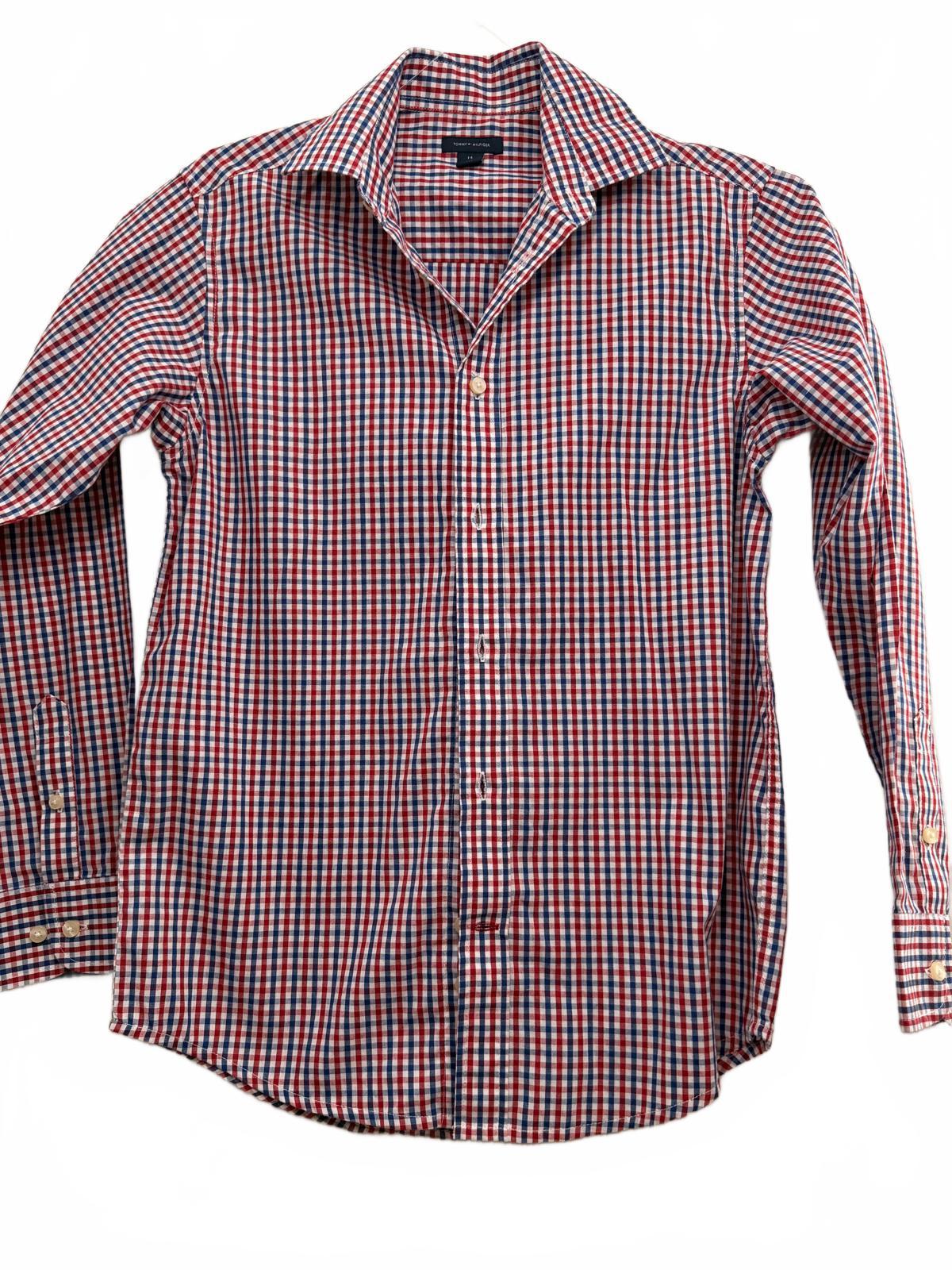 Tommy Hilfiger Boys Red Blue Checkered Button Down Shirt Size 14