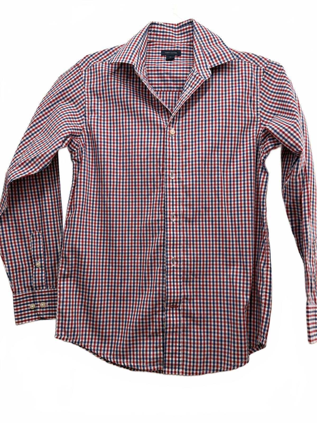 Tommy Hilfiger Boys Red Blue Checkered Button Down Shirt Size 14