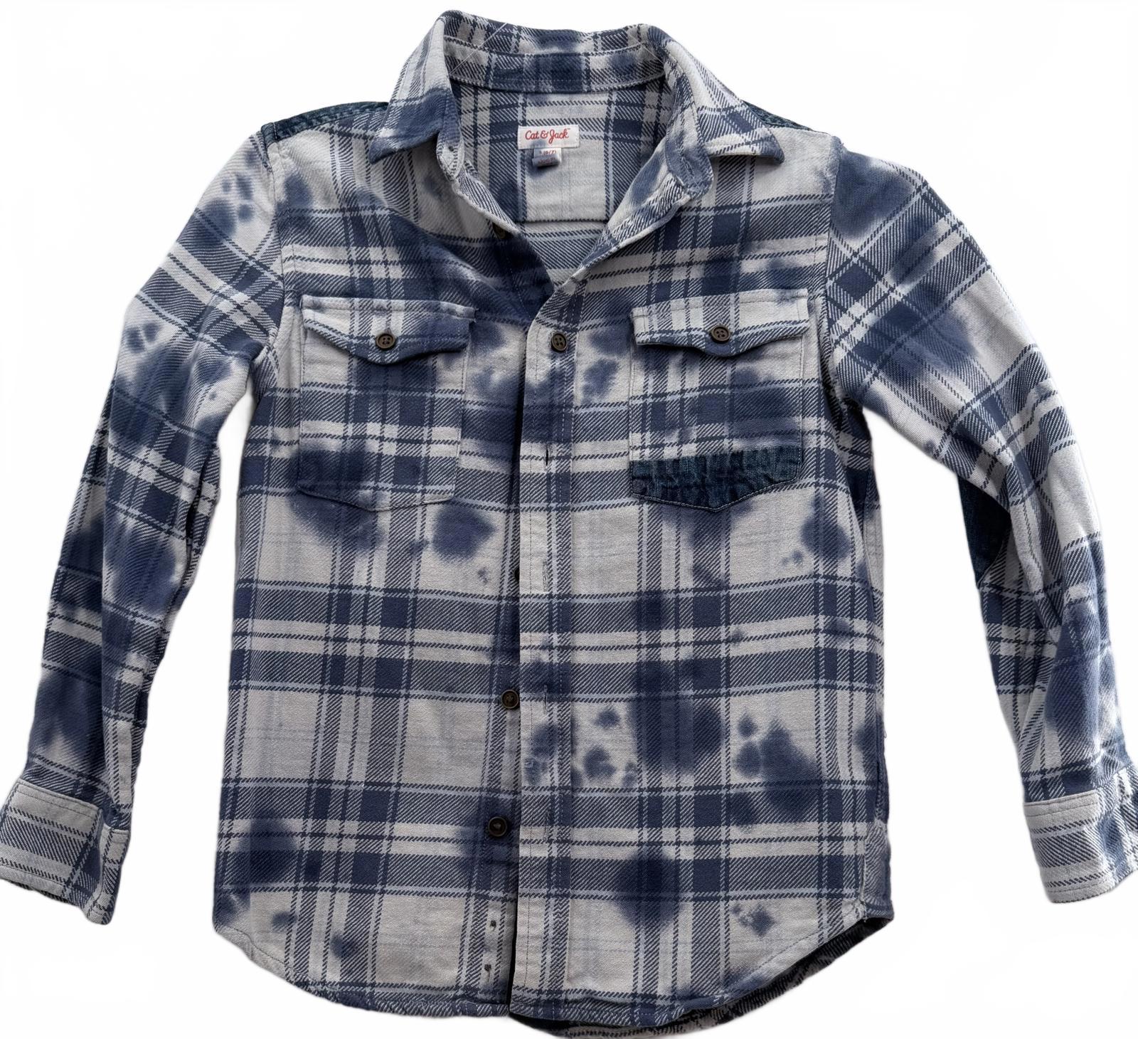 Cat & Jack Boys Blue White Tie-Dye Plaid Flannel Shirt Size S (6/7)