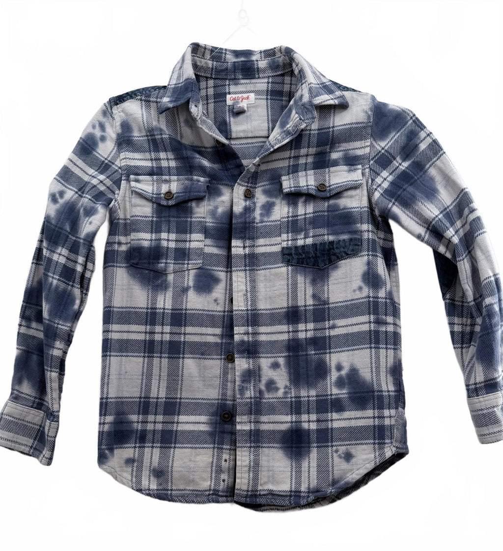 Cat & Jack Boys Blue White Tie-Dye Plaid Flannel Shirt Size S (6/7)