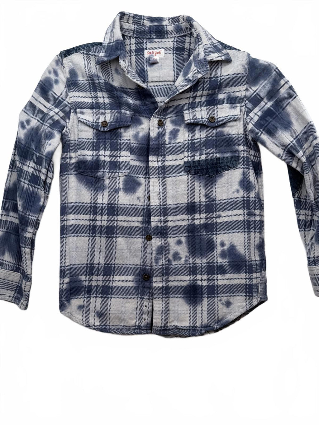 Cat & Jack Boys Blue White Tie-Dye Plaid Flannel Shirt Size S (6/7)