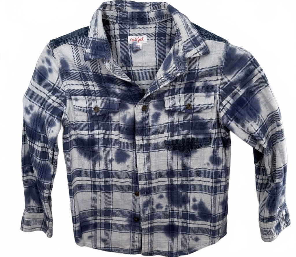 Cat & Jack Boys Blue White Tie-Dye Plaid Flannel Shirt Size S (6/7)