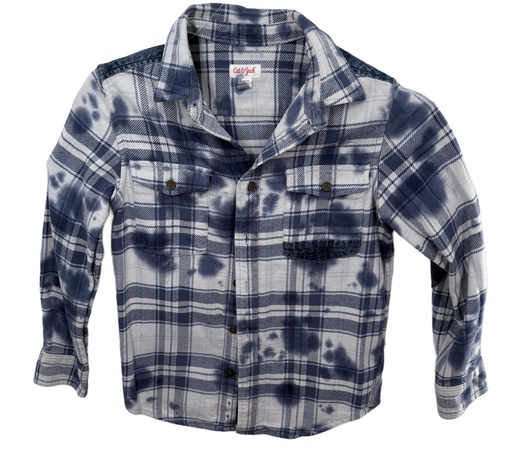 Cat & Jack Boys Blue White Tie-Dye Plaid Flannel Shirt Size S (6/7)