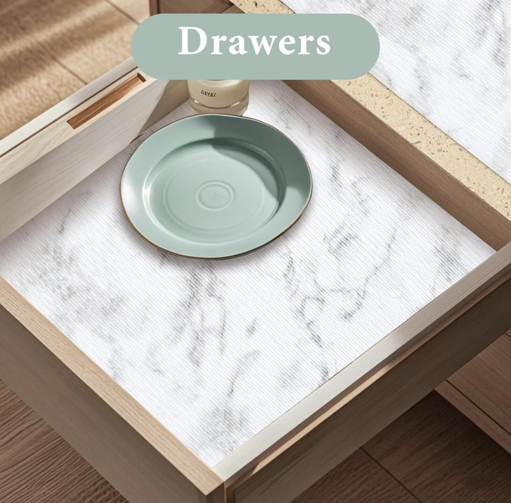 Marble Pattern Kitchen Countertop and Drawer Liners, Easy-Cut, No Glue, White