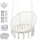 Macrame Hammock Swing Chair 550Lb Cotton Rope Boho Indoor Outdoor (Beige)
