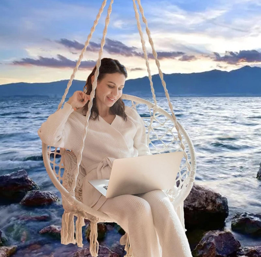 Macrame Hammock Swing Chair 550Lb Cotton Rope Boho Indoor Outdoor (Beige)