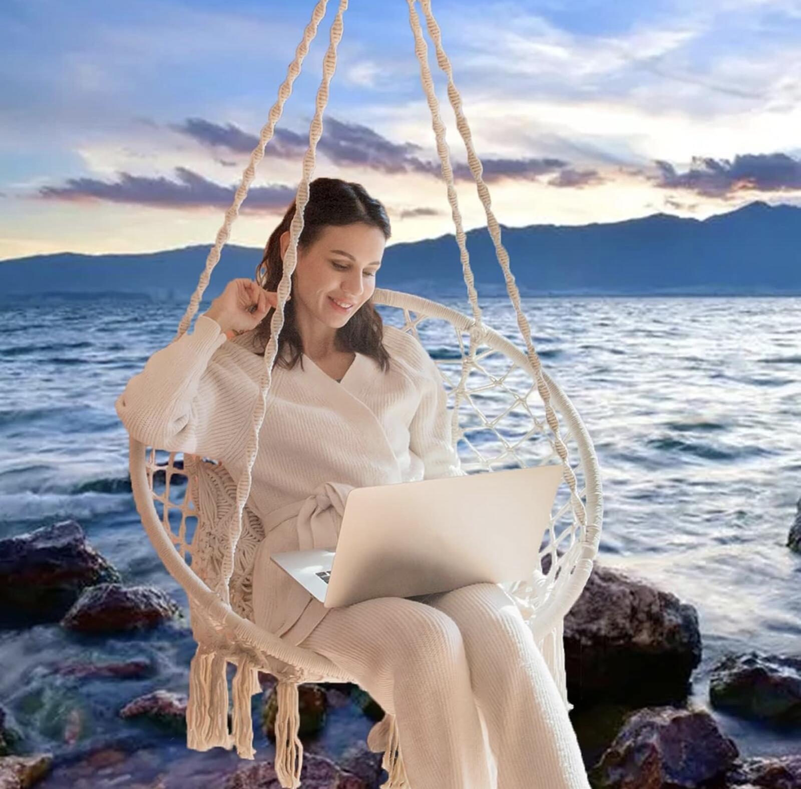 Macrame Hammock Swing Chair 550Lb Cotton Rope Boho Indoor Outdoor (Beige)