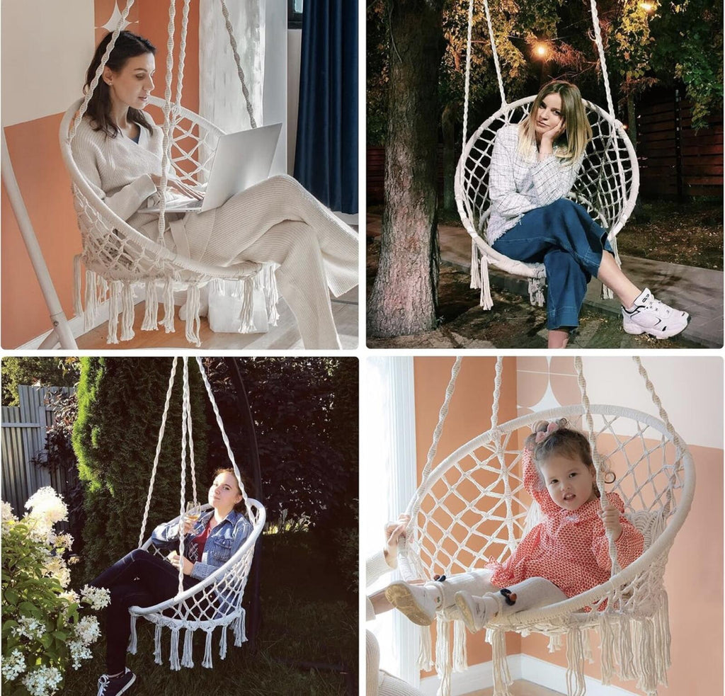 Macrame Hammock Swing Chair 550Lb Cotton Rope Boho Indoor Outdoor (Beige)