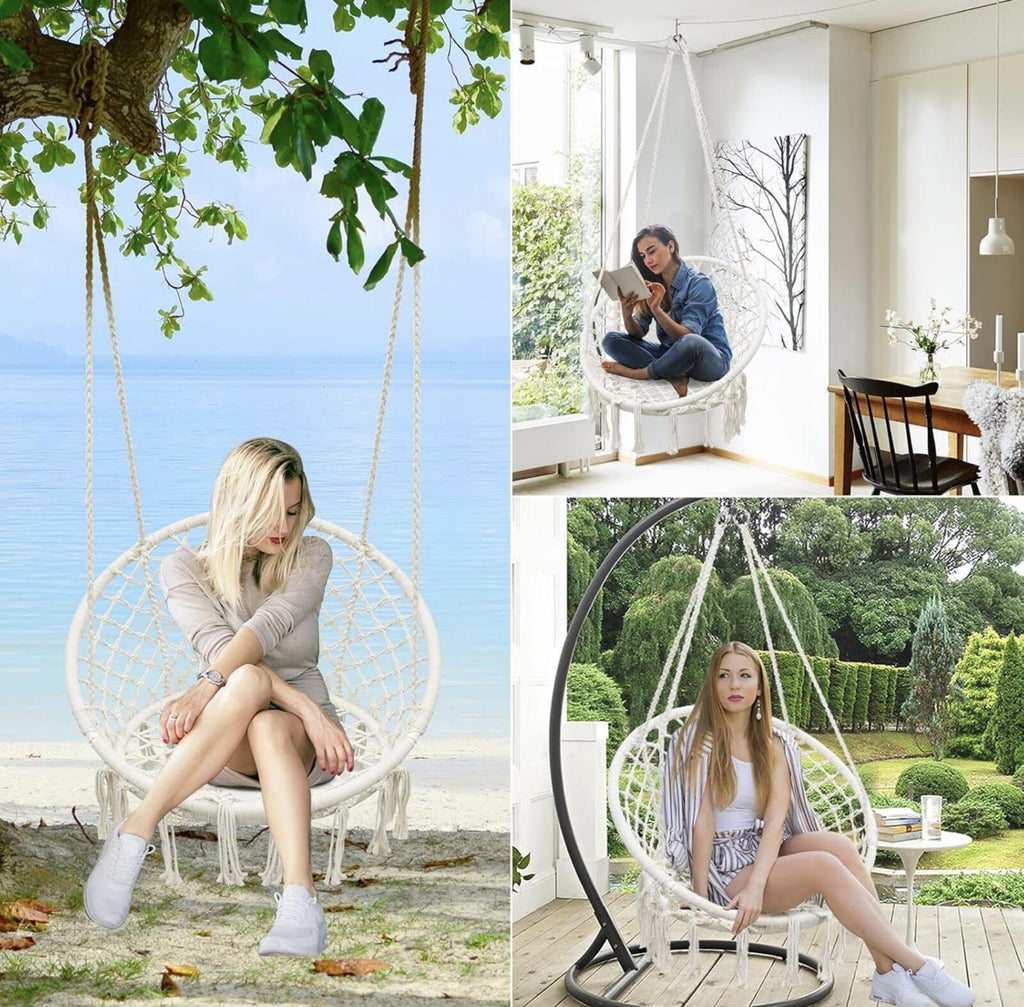 Macrame Hammock Swing Chair 550Lb Cotton Rope Boho Indoor Outdoor (Beige)