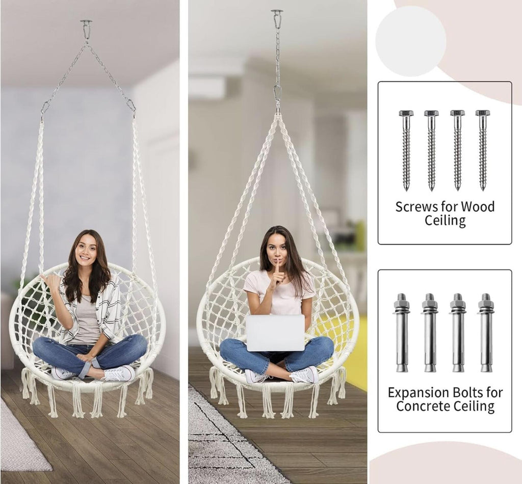 Macrame Hammock Swing Chair 550Lb Cotton Rope Boho Indoor Outdoor (Beige)
