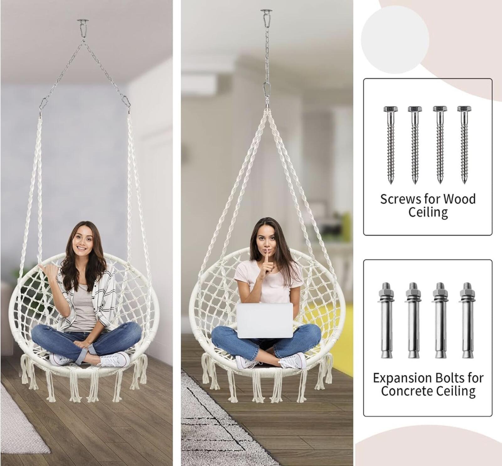 Macrame Hammock Swing Chair 550Lb Cotton Rope Boho Indoor Outdoor (Beige)