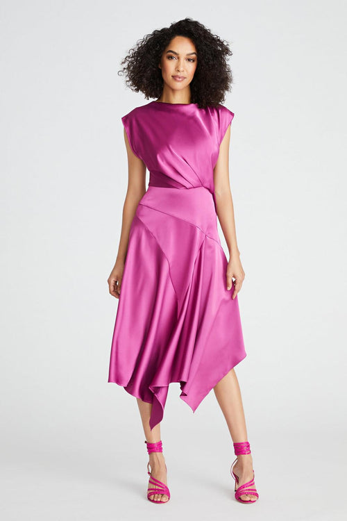Asymmetric Satin Midi Dress in Fuchsia - Elegant Evening