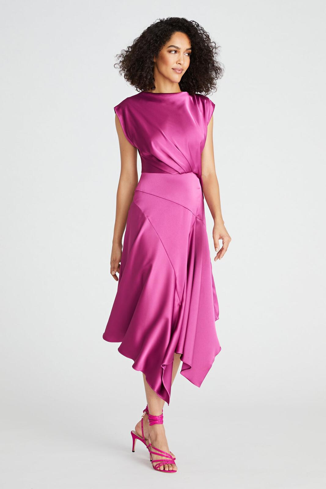 Asymmetric satin midi dress in fuchsia