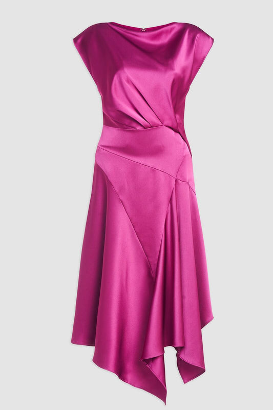 Asymmetric satin midi dress in fuchsia