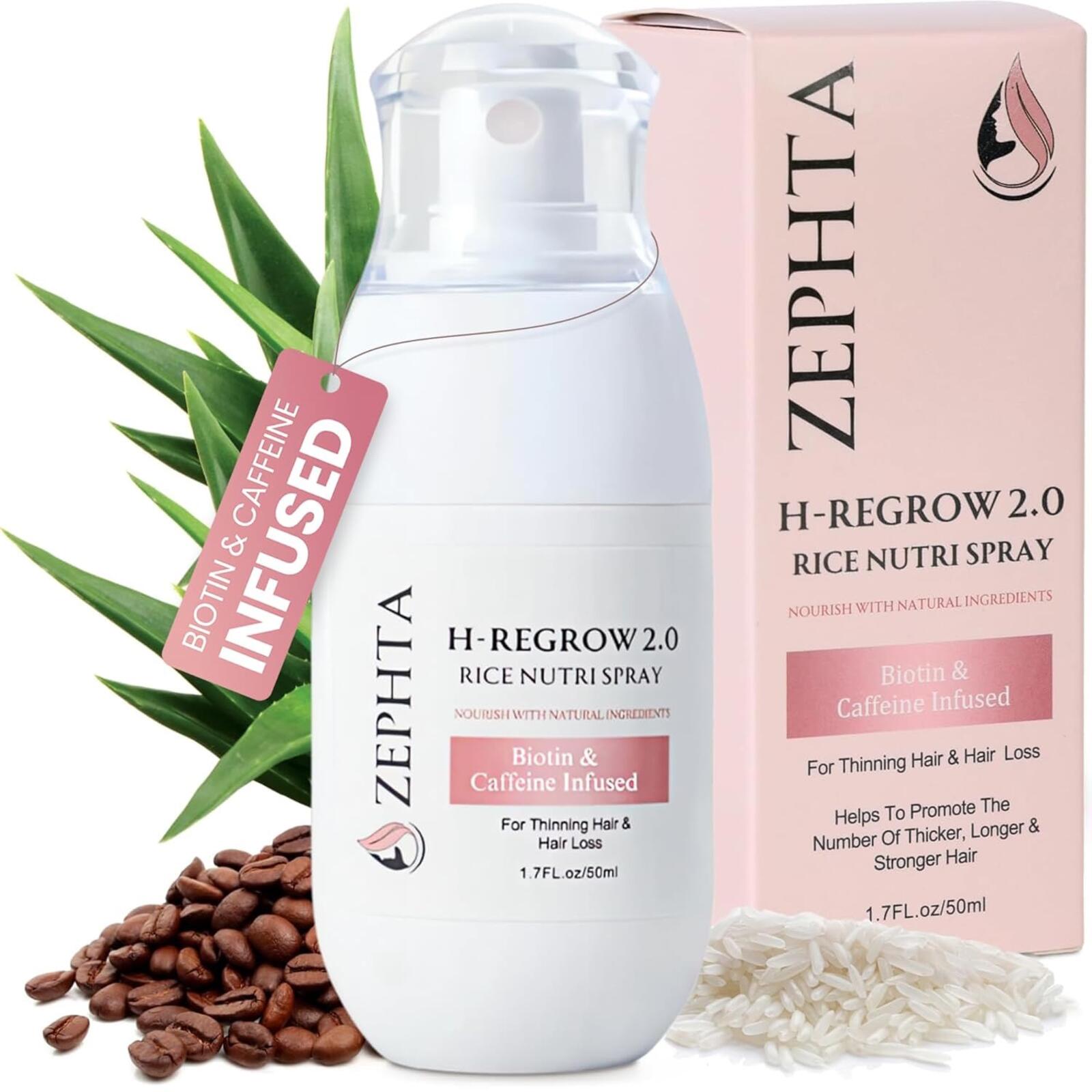 Zephta H-Regrow Hair Growth Spray Rice Water Biotin Caffeine Thinning Scalp