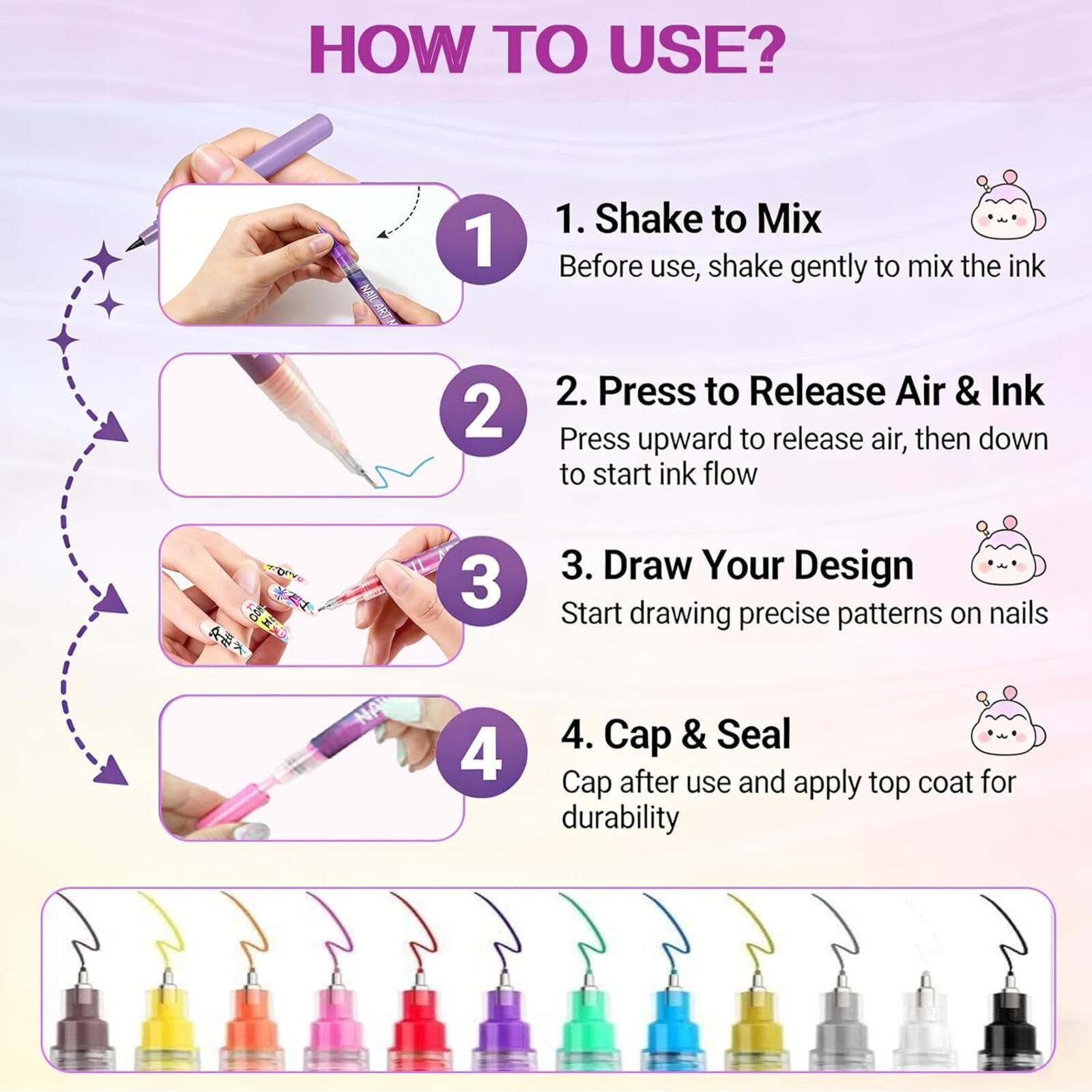 Nails Art Marker Set 12 Colors Water-Based Quick Dry Nail Polish Pens