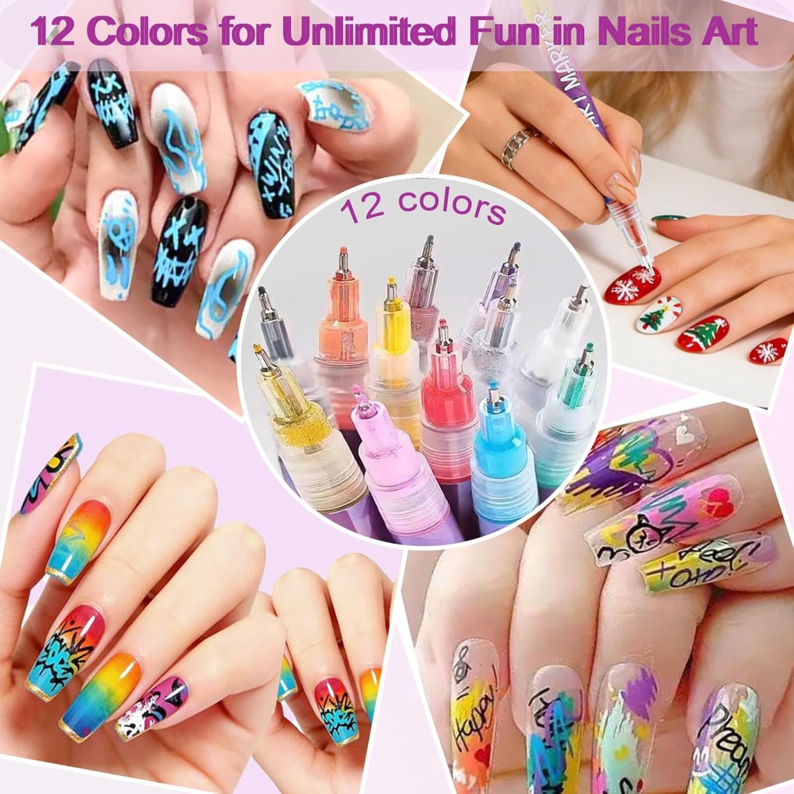 Nails Art Marker Set 12 Colors Water-Based Quick Dry Nail Polish Pens