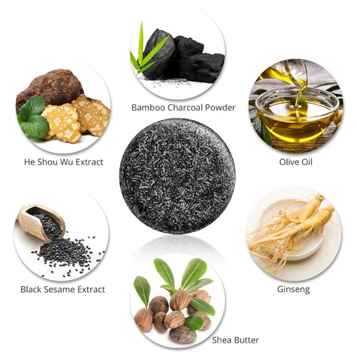 Black Soap Bar Shampoo with Bamboo Charcoal and Ginseng - 50g, Deep Cleansing