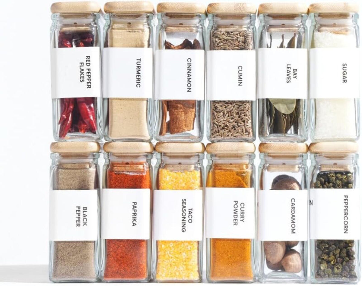 APT 1101 square glass spice jars with bamboo lids, set of 12