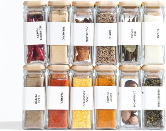 APT 1101 square glass spice jars with bamboo lids, set of 12